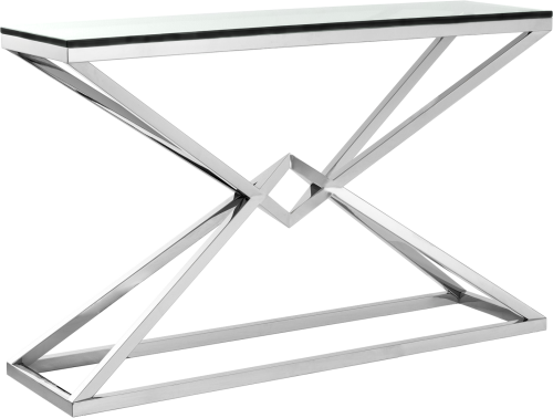 Designerska konsola Calda o wymiarach 120x40x80 cm. Szklany blat z chromowanym, geometrycznym stelażem w kształcie krzyża, stojąca na płaskiej podstawie. Elegancki, nowoczesny wygląd, idealna do wnętrz.