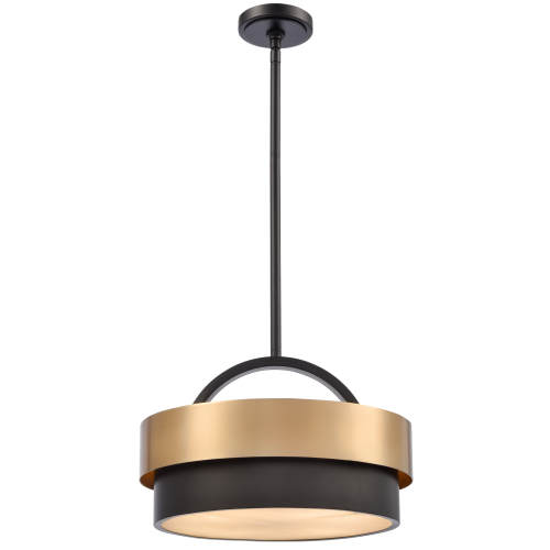 Stylowa lampa wisząca w kolorach czarnym i złotym, z okrągłym kloszem. Ujęcie frontalne, produkt zawieszony na długim, czarnym przewodzie. Klosz wykonany z metalu, z górną złotą obręczą oraz dolnym czarnym fragmentem. Wymiary 40x25x133 cm.