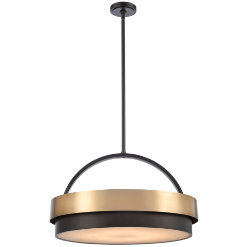 Elegancka lampa wisząca w kolorze czarnym i mosiężnym, z dwoma okrągłymi elementami i alabastrowym kloszem. Wisi na cienkim, czarnym przewodzie. Wymiary: 60 x 35 x 142 cm. Idealna do nowoczesnych aranżacji wnętrz, umieszczona na jednolitym tle.