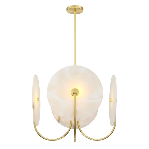 Designerska lampa Alabastro 57x45 cm, wisząca, z okrągłymi kloszami z białego szkła, unikatową fakturą i złotą metalową konstrukcją. Ujęcie frontalne, widoczne detale montażu. Produkt zawieszony na prostym, jasnym tle.