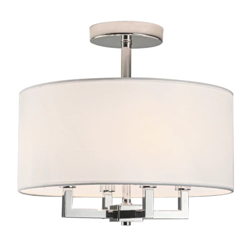 Minimalistyczny plafon Puero w kolorze srebrnym o średnicy 40 cm i wysokości 36 cm. Posiada okrągły, materiałowy klosz oraz metalową konstrukcję z dekoracyjnymi detalami. Montowany sufitowo, z widocznym mocowaniem. Tło jednolite, białe.