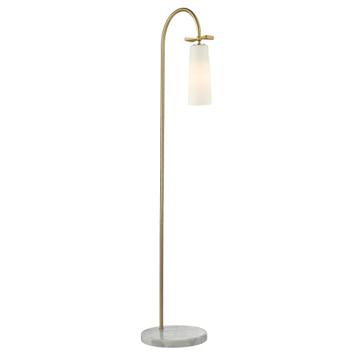 Lampa podłogowa Bow, mosiężna, 150 cm, z białym kloszem, na marmurowej okrągłej podstawie. Minimalistyczna, metalowa, zaokrąglona forma, frontalne ujęcie na jednolitym tle.
