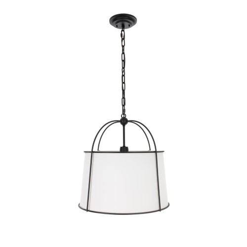 Czarna lampa sufitowa Optima o wymiarach 40x40x100 cm, zawieszona na łańcuchu. Klaska z białym abażurem w metalowej, cienkiej ramie. Produkt widoczny frontalnie, na jednolitym tle. Idealna do nowoczesnych wnętrz.