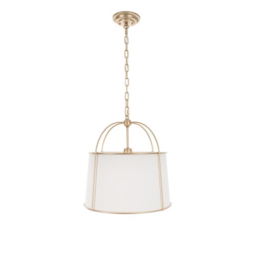 Lampa sufitowa Optima w kolorze złotym, o wymiarach 40x40x100 cm. Składa się z metalowej konstrukcji z okrągłym kloszem, zawieszonej na łańcuszku. Klosz jest biały, subtelnie rozprasza światło. Ujęcie z góry, na jednolitym tle.