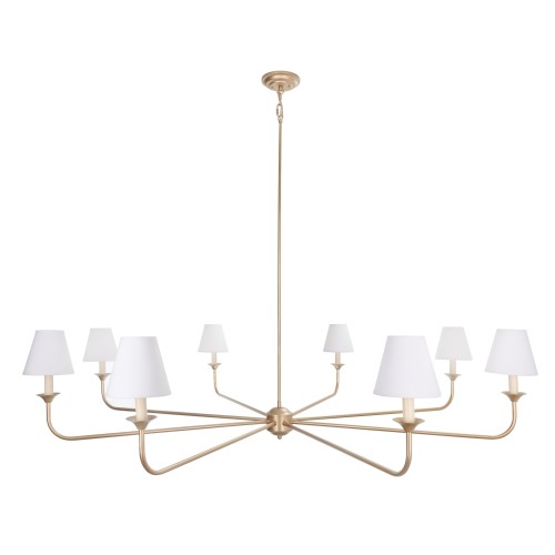 Duży żyrandol Diborah o średnicy 150 cm, w kolorze złotym, z sześcioma białymi abażurami. Produkt w pozycji wiszącej, z nowoczesnym designem, metalowymi ramionami i minimalistycznym stylem, na jednolitym tle.