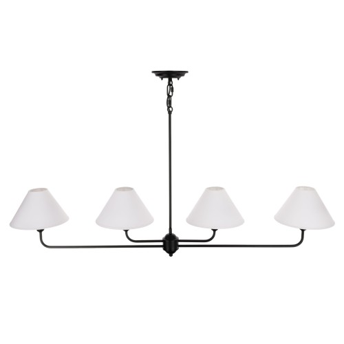 Czarna lampa sufitowa Clas, 100 cm szer., 4 białe stożkowe klosze z materiału na metalowym stelażu, wisząca na cienkim łańcuchu, na jednolitym tle.