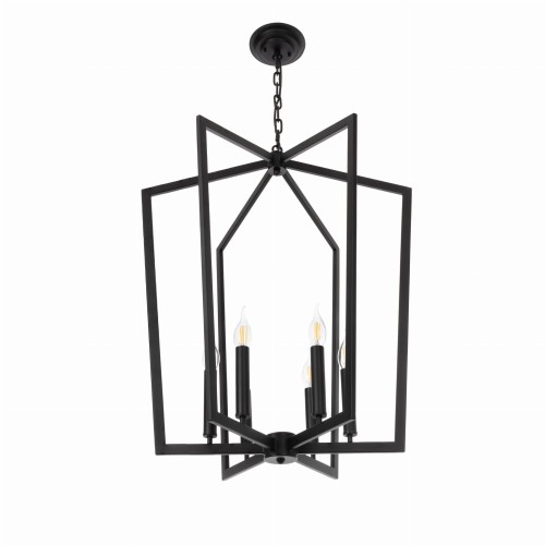Designerska lampa sufitowa Calista w stylu modern farmhouse, czarna, o szerokości 60 cm. Wisząca konstrukcja z metalowym stelażem z detalami w kształcie rombu. Cztery okrągłe gniazda na żarówki, przezroczyste klosze. Tło proste, białe.