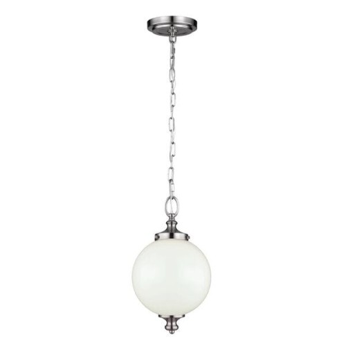 Lampa wisząca Globe S w kolorze niklowym z białym kloszem. Okrągły kształt, zawieszona na metalowym łańcuchu. Wymiary: 22x22x38 cm. Idealna do nowoczesnych wnętrz.