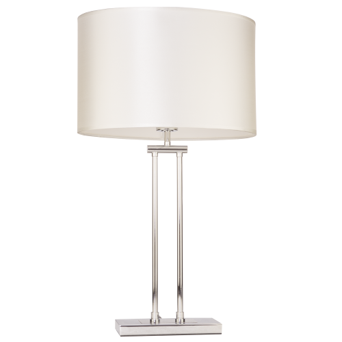 Lampa stołowa Bella z chromowanym stalowym stelażem, biały abażur w cylindrycznym kształcie. Produkt stoi na prostokątnej podstawie, widok frontalny. Wymiary 37x26x60 cm, elegancki design idealny do aranżacji wnętrz.