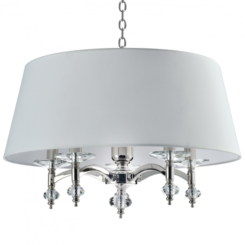 Lampa sufitowa wisząca Aurora w kolorze białym o średnicy 60 cm i wysokości 38 cm, z metalowymi elementami w kolorze chromu oraz kryształowymi dekoracjami, zawieszona na łańcuchu. Oświetlenie ma okrągły, matowy klosz.