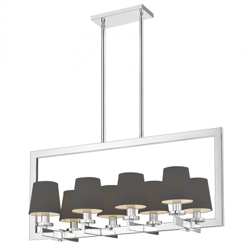 Lampa sufitowa wisząca Luna w kolorze czarnym z metalowym chromowanym stelażem. Posiada sześć kloszy z materiału o matowej fakturze. Ujęcie frontalne, produkt wiszący z dwiema regulowanymi linkami. Wymiary: 82x35x41 cm.