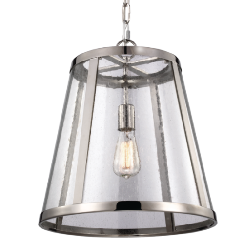 Lampa sufitowa wisząca Incendium z niklowym wykończeniem i szklanym kloszem w kształcie stożka, o wymiarach 41x32,1 cm. Widoczny żarówka na metalowym mocowaniu. Produkt powieszony na łańcuchu, ujęcie z dołu w kierunku klosza, na białym tle.