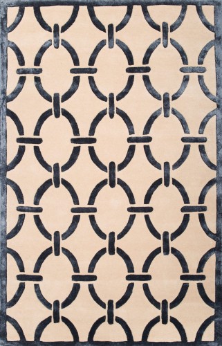 Dywan Art Deco w kolorze czarnym i beżowym, z geometrycznym wzorem okręgów. Produkt leżący na jednolitym tle, o gładkiej fakturze, w różnych rozmiarach. Widać detale krawędzi oraz wyraźne kontury wzoru.