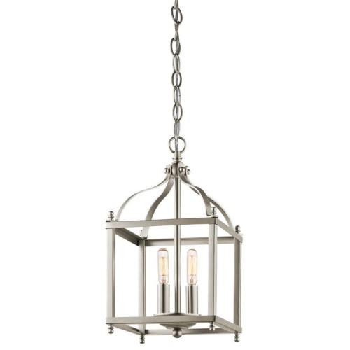 Lampa sufitowa wisząca Boston w kolorze niklu, o wymiarach 20x20x37,5 cm. Kwadratowa konstrukcja z metalowymi detalami, zawieszona na łańcuchu. Dwa źródła światła w metalowych oprawach. Produkt bez tła, pod kątem frontalnym.