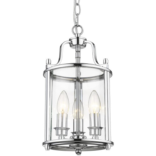 Lampa sufitowa wisząca Ventalio IIA o chromowanej metalowej konstrukcji, z przezroczystym kloszem. Widok z przodu, pokazujący trzy żarówki w kształcie świecy. Produkt zawieszony na łańcuchu, idealny do nowoczesnych wnętrz.