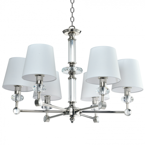 Lampa sufitowa wisząca Melody w kolorze niklu, z pięcioma białymi abażurami, o wymiarach 67x67x44cm. Klosze wykonane z materiału, ozdobione kryształowymi elementami. Ujęcie frontalne, prezentujące produkt w pełni, w wiszącej pozycji.