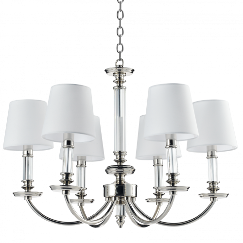 Lampa sufitowa wisząca Sapore o wymiarach 70x70x80 cm, wykonana w niklu z białymi abażurami. Produkt jest pokazany frontalnie, w wiszącej pozycji, z sześcioma ramionami i dekoracyjnym elementem w centralnej części.