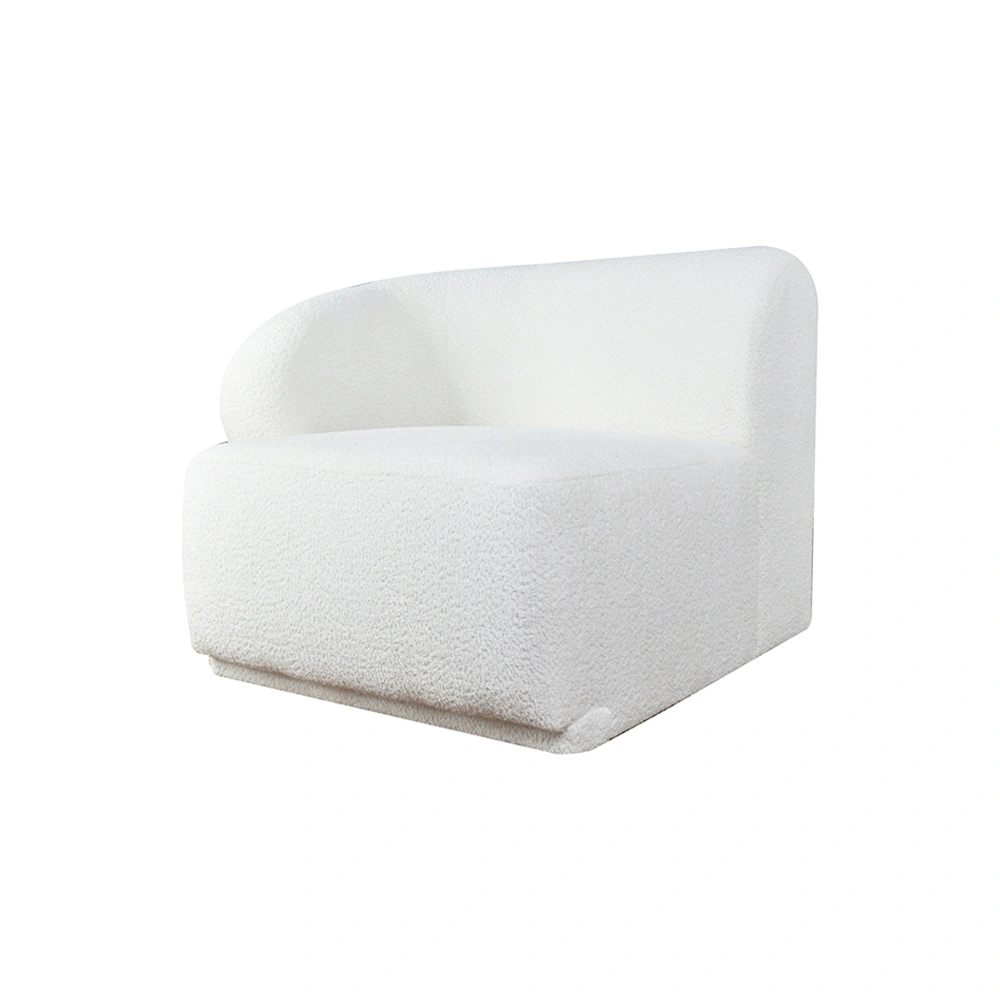 Modułowy element lewy sofy Luterna w kolorze białym z teksturowanym pokryciem. Ujęcie frontalne ukazuje charakterystyczny, zaokrąglony kształt oraz prostą, minimalistyczną formę. Produkt leży na białym tle, co podkreśla jego fakturę.
