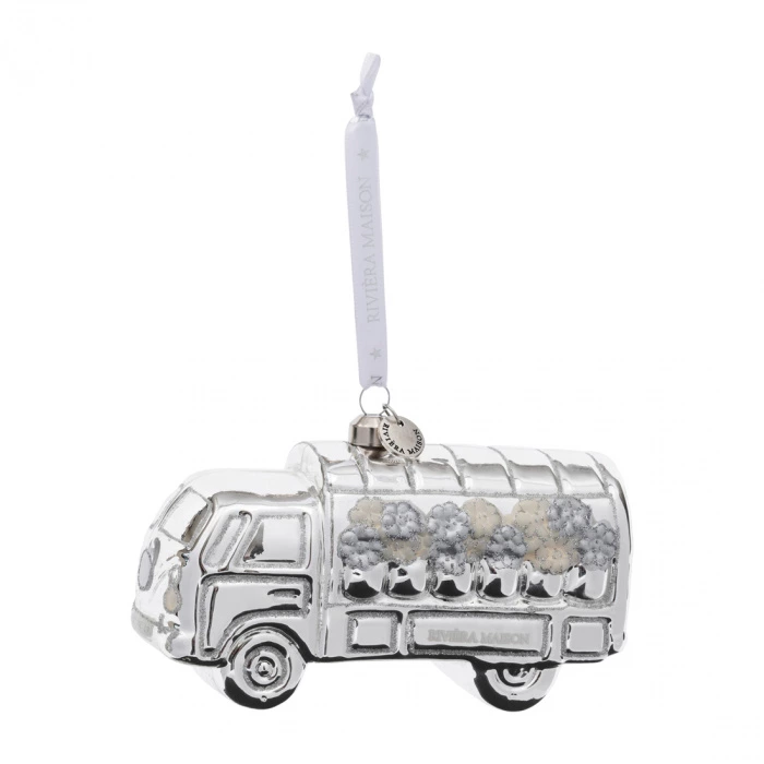 Bombka Kolekcjonerska Flower Truck Riviera Maison w kształcie srebrnego dostawczaka z dekoracjami w postaci kolorowych kwiatów. Ujęcie z boku, produkt wiszący na białej wstążce z logo. Gładka, błyszcząca powierzchnia podkreślająca detale.