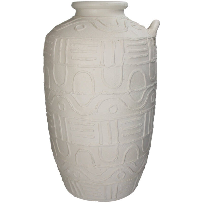 Wazon Fresco w kolorze jasnego beżu, o wysokości 56 cm, z ceramicznej faktury. Posiada dekoracyjne, rzeźbione wzory wzdłuż powierzchni. Produkt ustawiony w pozycji stojącej, prezentowany na jednolitym tle.