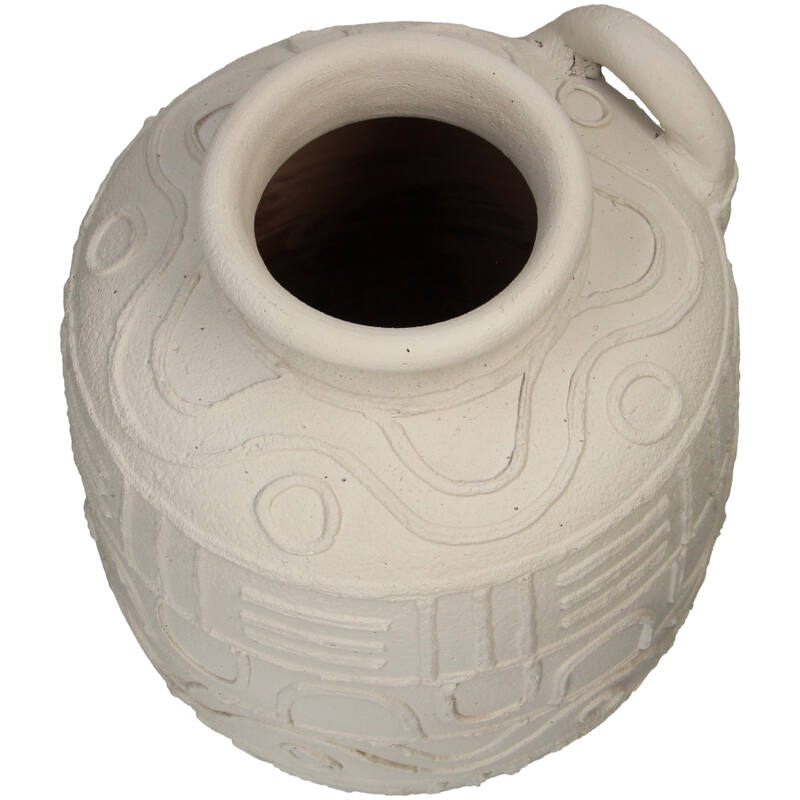Wazon Fresco Terracotta jasny beż, wys. 38 cm, z lekko chropowatą fakturą i dekoracyjnym wzorem. Ujęcie z góry, pokazujące otwór wazonu. Produkt w pozycji stojącej, bez dodatków. Proste tło uwydatnia jego kształt i szczegóły.