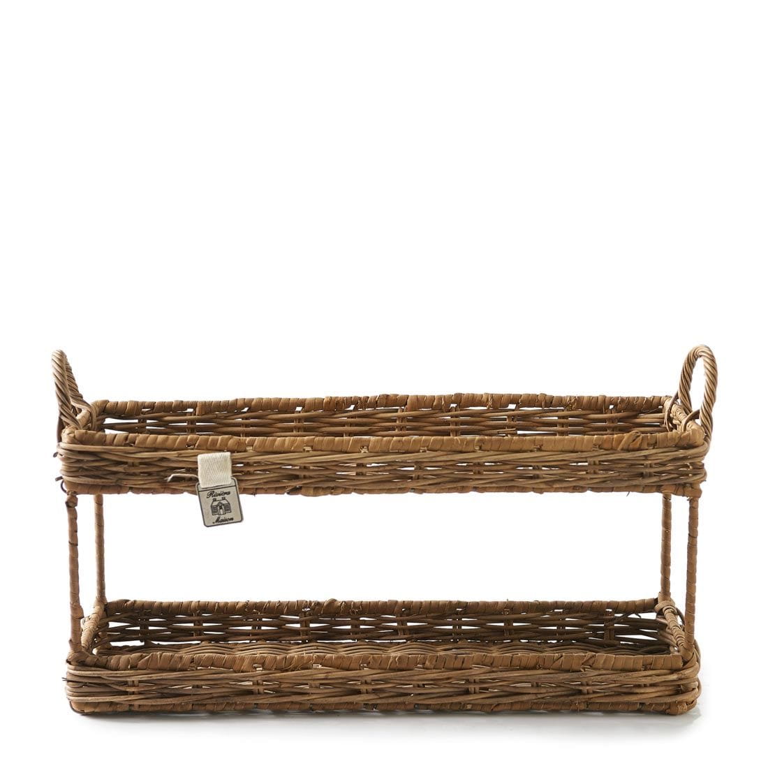 Tacka Ma Maison Double Riviera Maison S w kolorze naturalnym z plecionki, o wymiarach 40 cm, z dwoma wbudowanymi uchwytami. Produkt leży w poziomie, ukazując dwa poziomy przechowywania bez widocznych dekoracji. Tło proste, białe.