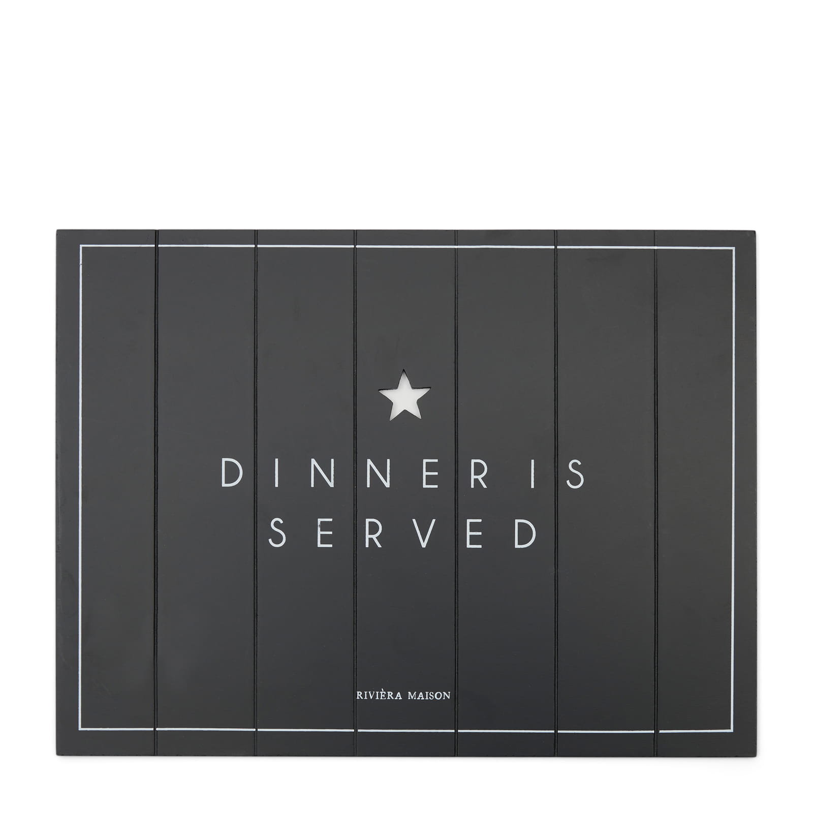 Czarna podkładka na stół z napisem DINNER IS SERVED, wyróżniająca się białą obramówką i dekoracyjną gwiazdką. Produkt leży poziomo, prezentując równomierne panele. Ozdobny detal z minimalistycznym wzorem nadaje elegancki wygląd.