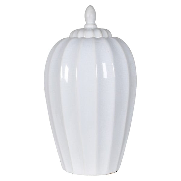 Waza ceramiczna Amfora w kolorze białym, o wysokości 37 cm, z podłużnymi żeberkami i okrągłym wieczkiem z wypukłym wykończeniem. Produkt stoi na płaskiej powierzchni, na jednolitym tle. Idealna do dekoracji wnętrz.