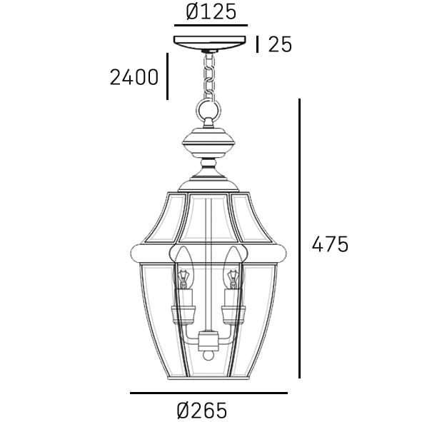 Elegancka lampa wisząca Whitley w kolorze złotym, o średnicy 26,5 cm i wysokości 47,5 cm. Produkt zawieszony na łańcuchu, widoczne układ dwóch żarówek wewnątrz przez przezroczystą osłonę. Detale w formie dekoracyjnych krawędzi.