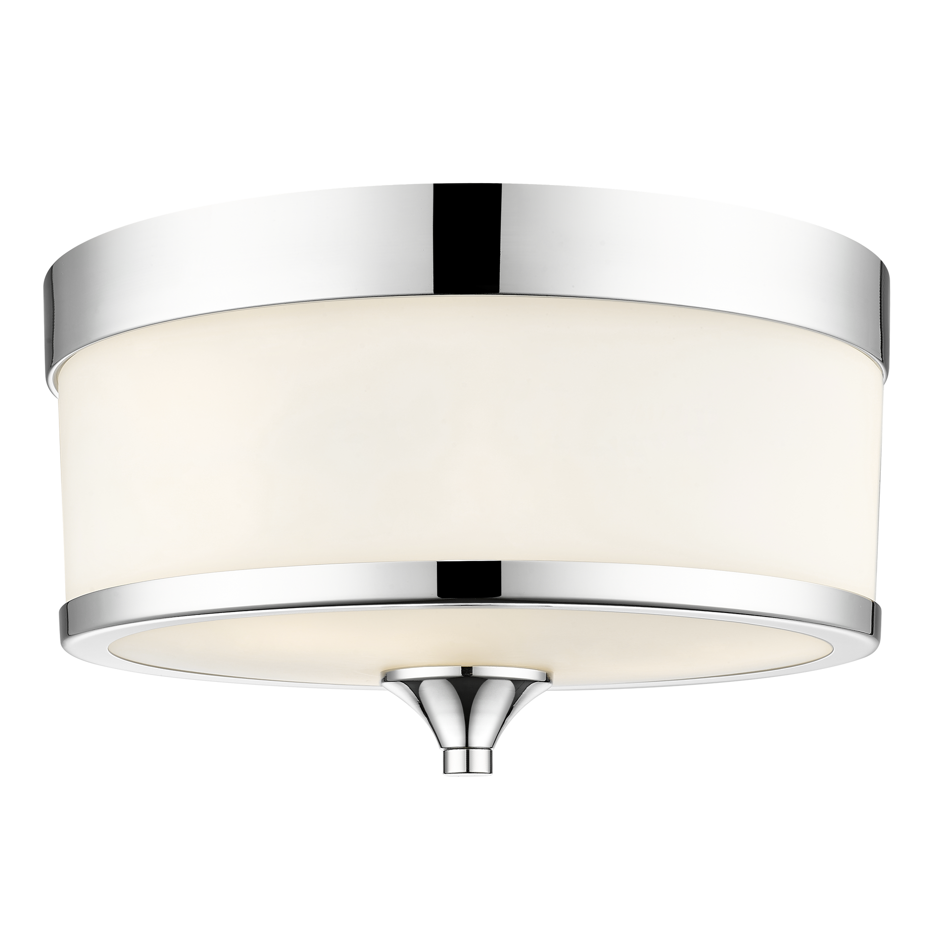Elegancki plafon Fleetwood w kolorze srebrnym o średnicy 19 cm i wysokości 35 cm. Produkt ma okrągły kształt, metalowe wykończenie oraz mleczne, półprzezroczyste szkło. Widoczny element mocujący na dole. Ujęcie frontalne. Tło jednolite.