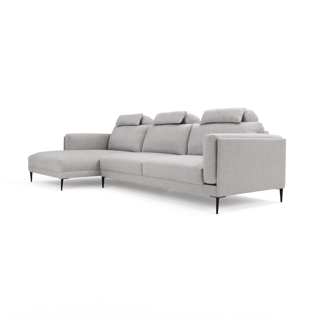 Elegancki narożnik Castello w szarym kolorze, o wymiarach 314x160-105x100 cm, z oparciami na plecy i metalowymi nogami. Produkt widoczny z boku, ustawiony na prostym, białym tle, prezentuje gładką fakturę materiału i minimalistyczny design.