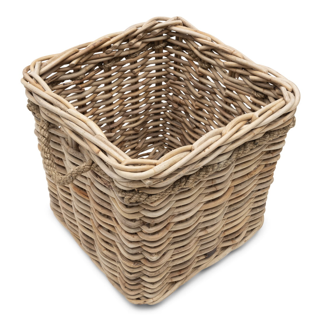 Rattanowa osłonka w kolorze naturalnym o wymiarach 64x64x64 cm, kwadratowy kształt, z widocznymi uchwytami z juty. Produkt przedstawiony z góry, ukazuje teksturę plecionki oraz otwartą przestrzeń wewnętrzną.