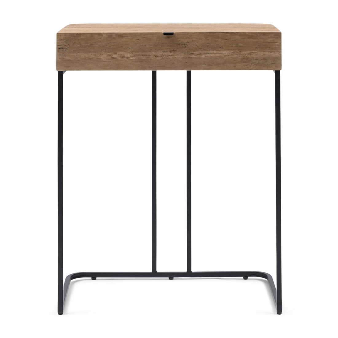 Biurko Acorn Riviera Maison z drewnianym blatem w kolorze naturalnym i czarnymi metalowymi nogami. Produkt stoi frontalnie, z widoczną szufladą. Prosta forma, idealne do nowoczesnych wnętrz. Tło białe, co podkreśla detale mebla.