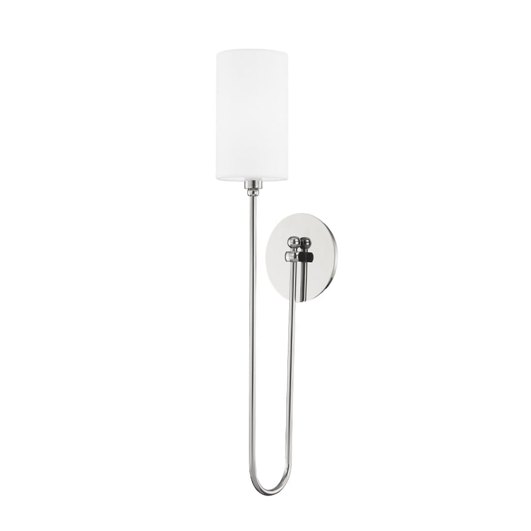 Elegancki kinkiet Harlem w kolorze niklu z prostą, cylindryczną oprawą ze szkła. Produkt wiszący, montowany na ścianie, z wyraźną, lśniącą powierzchnią metalu. Tło jasne i proste, podkreślające minimalistyczny design.