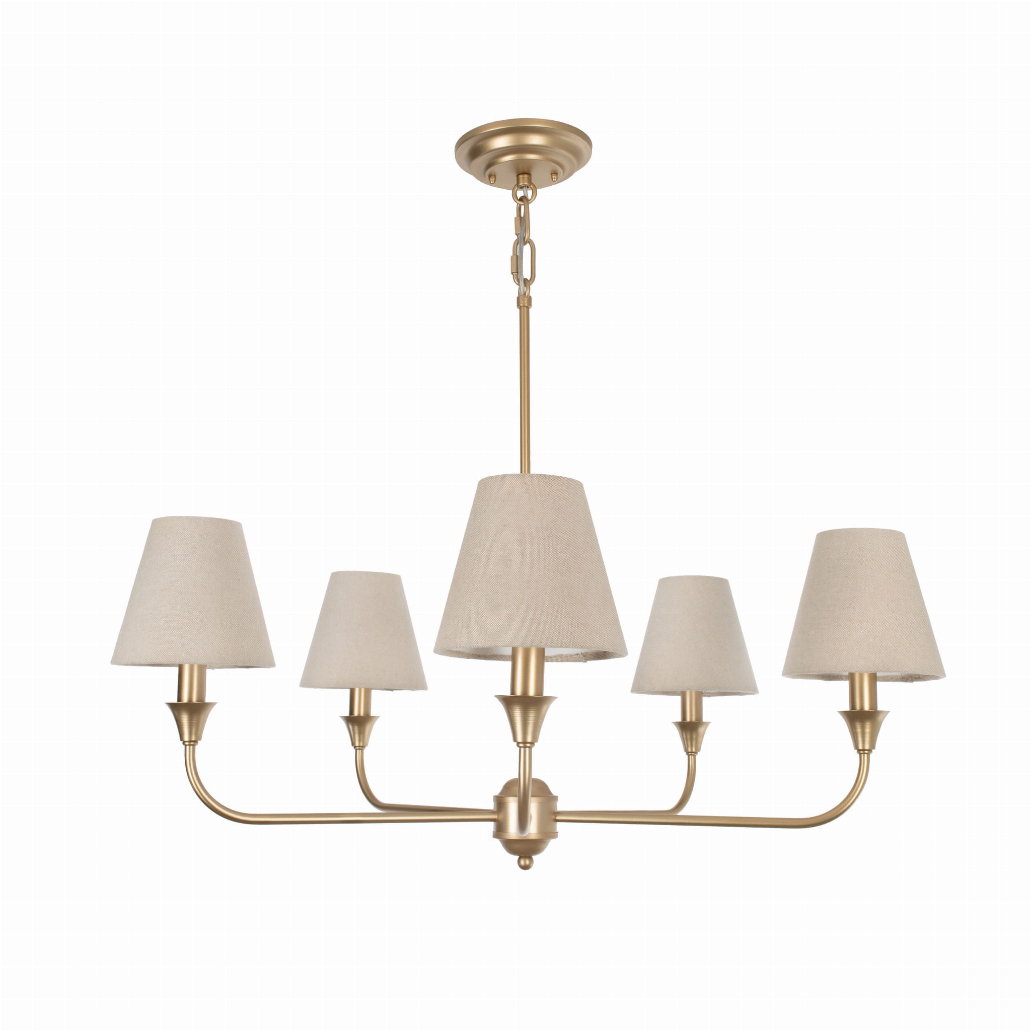 Żyrandol Cheel w kolorze złotym o średnicy 65 cm, z pięcioma abażurami z jasnego, teksturowanego materiału. Produkt wiszący, frontalny widok. Metalowa konstrukcja, elegancka forma, idealny do nowoczesnych wnętrz. Tło jednolite, białe.