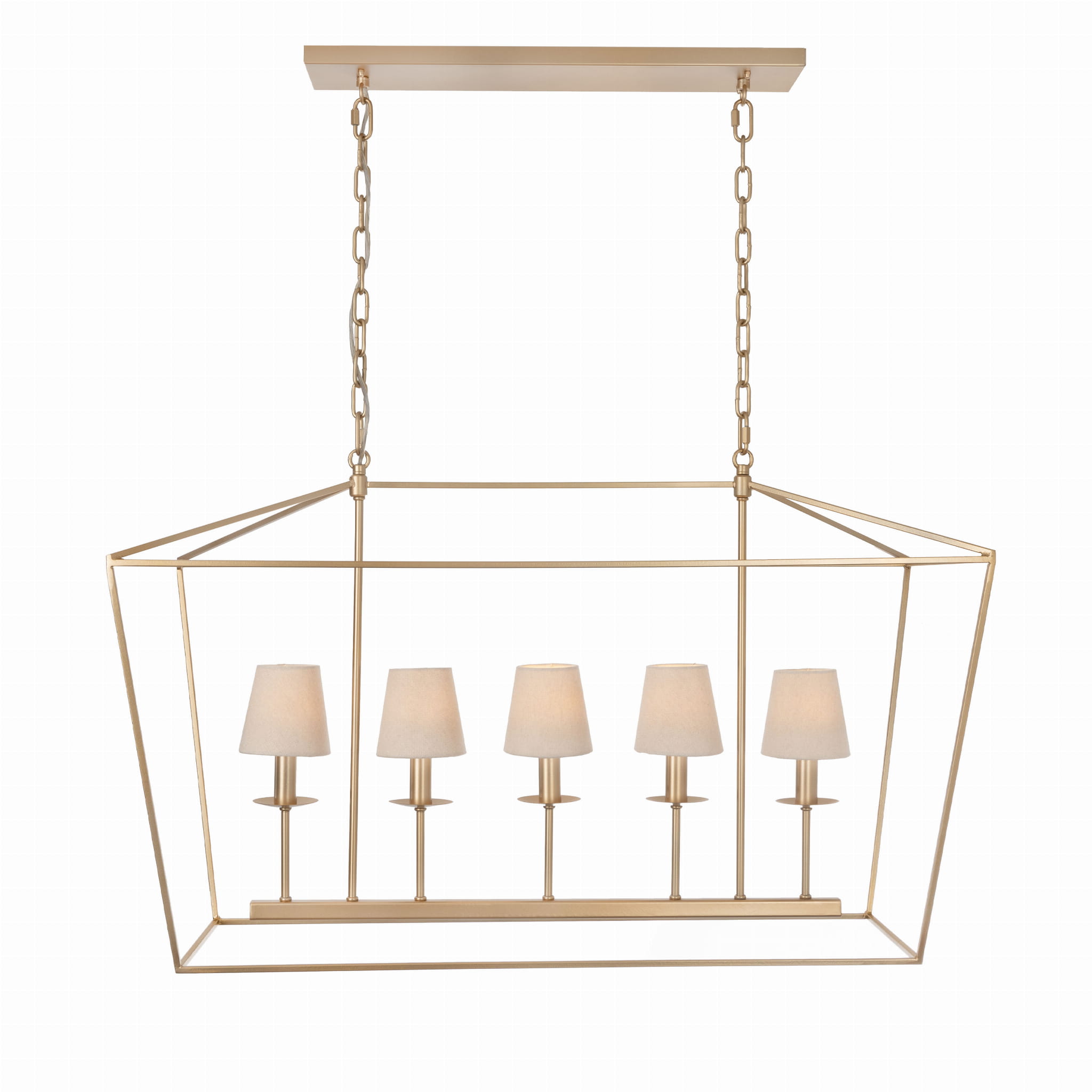 Złota lampa sufitowa Geen L z pięcioma abażurami, w stylu minimalistycznym, wisząca na łańcuszku. Klatka lampy ma prostokątny kształt, abażury w kolorze jasnego beżu. Produkt na jednolitym tle, ukazujący detal konstrukcji.