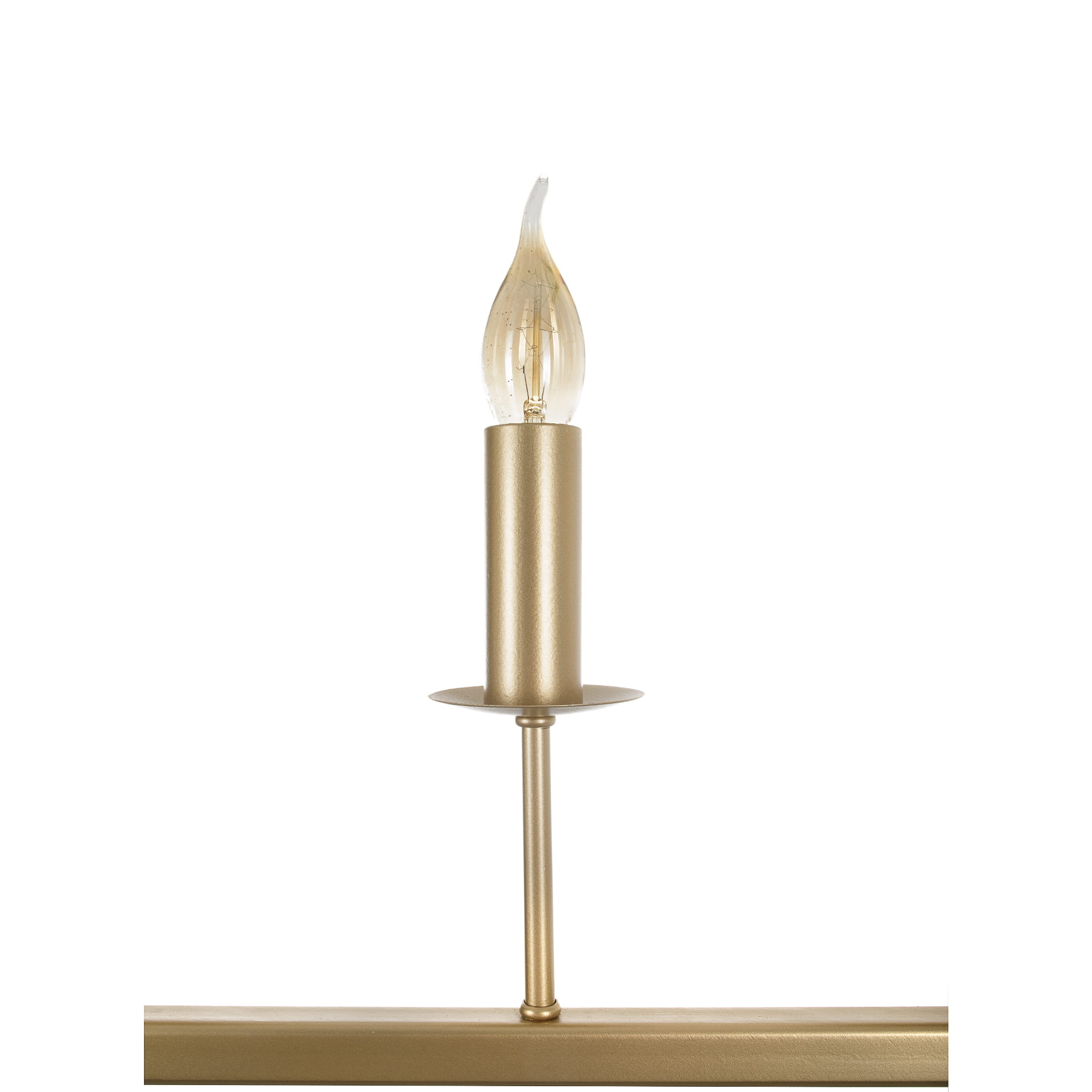 Efektowna lampa sufitowa Geen L w kolorze złotym, z cylindrycznym uchwytem, który trzyma przezroczystą żarówkę w kształcie łzy. Produkt widoczny z boku, z elementami mocującymi, na jednolitym tle. Idealna do nowoczesnych aranżacji wnętrz.