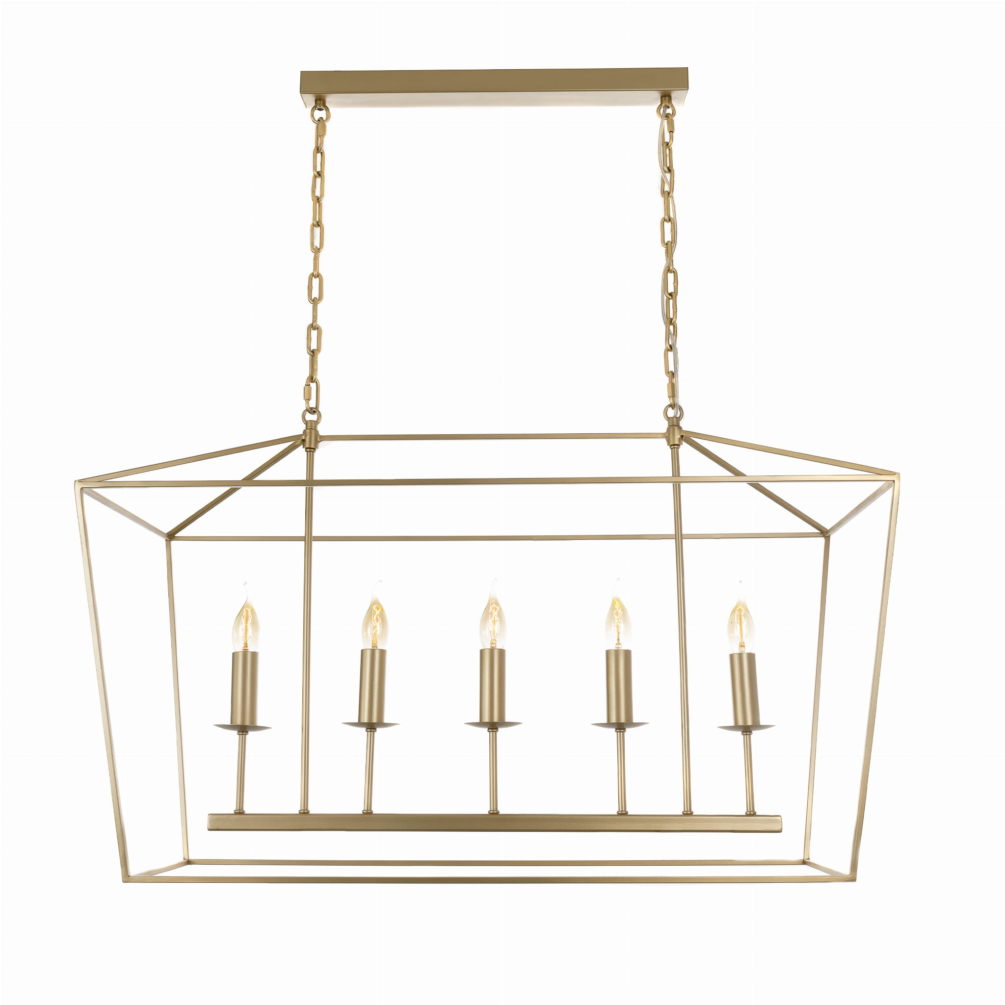 Efektowna lampa sufitowa Geen L w kolorze złotym, o geometrycznej formie, z pięcioma miejscami na żarówki w metalowych podstawach. Produkt wiszący, zawieszony na cienkim łańcuchu. Tło białe, co podkreśla jego design.