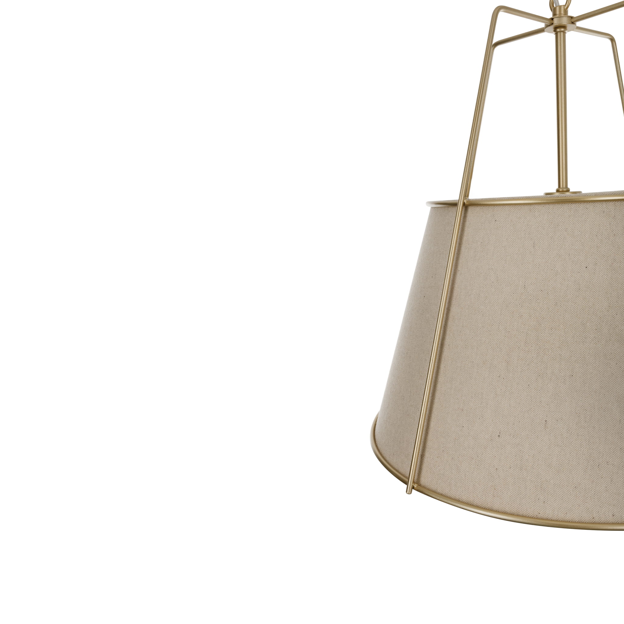 Lampa sufitowa Ambia w kolorze złotym z materiałowym kloszem w odcieniu jasnobeżowym. Produkt wiszący o wymiarach 40x40x100 cm, widoczny pod kątem, na prostym tle. Metalowa konstrukcja z teksturowanym kloszem. Bez dodatkowych dekoracji.