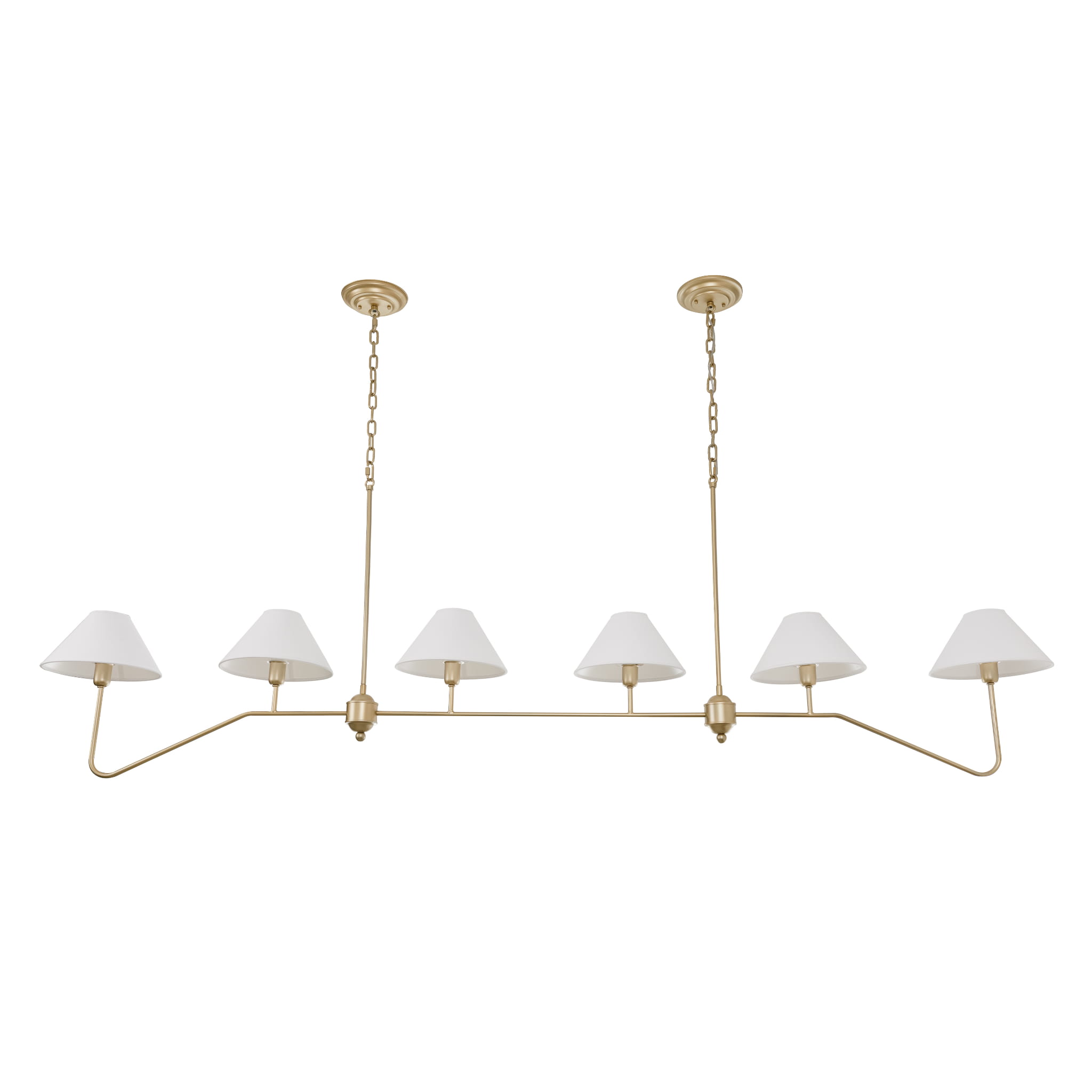 Wisząca lampa sufitowa Agello XL w kolorze złotym, o długości 100 cm i szerokości 180 cm, z pięcioma stożkowymi kloszami w białym kolorze. Produkt wiszący, z delikatnym łańcuchem mocującym. W tle neutralna, biała przestrzeń.