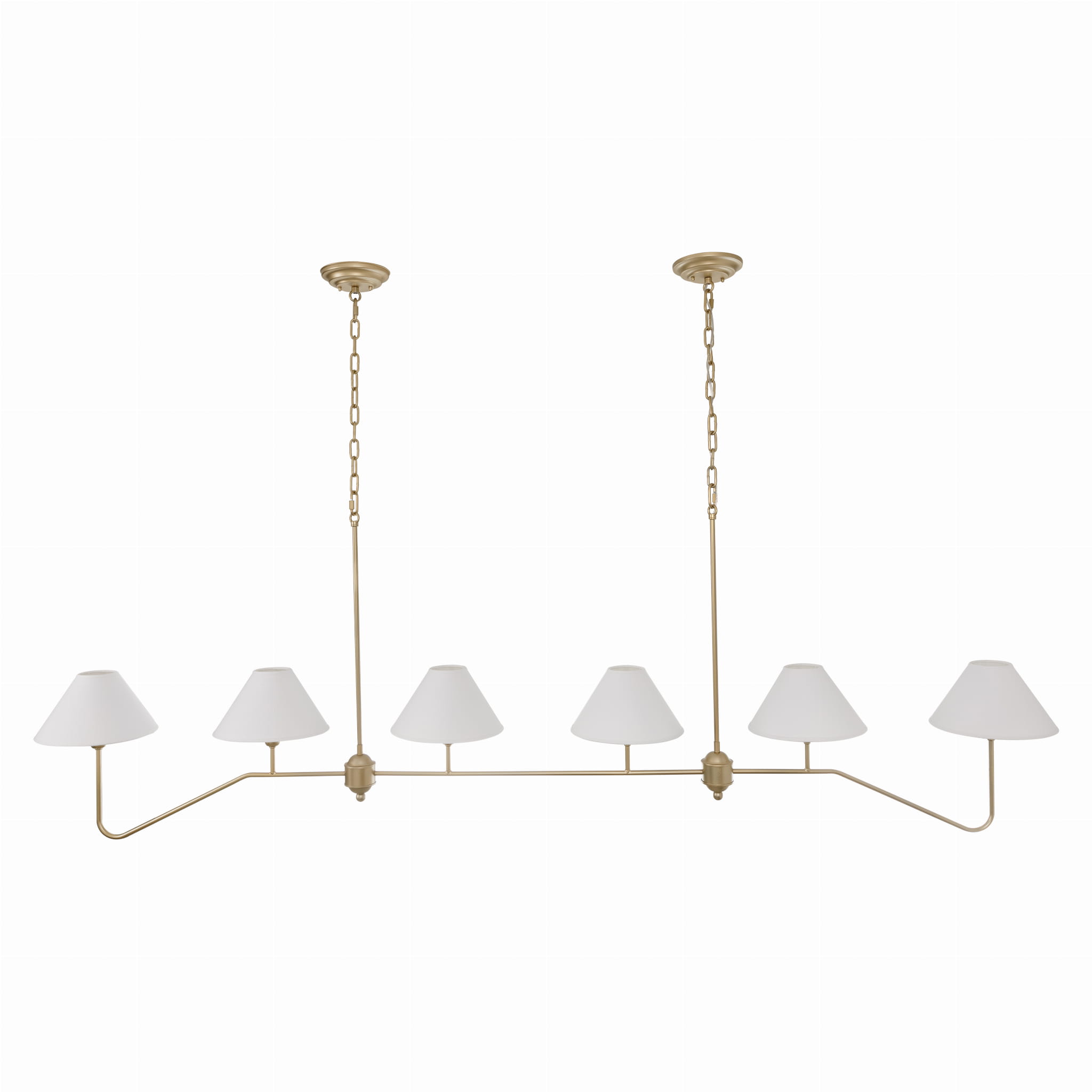 Lampa sufitowa wisząca Agello XL w kolorze złotym, o długości 100 cm i wysokości 180 cm, z pięcioma stożkowymi kloszami w białym kolorze. Produkt zamontowany, widoczny z przodu, na tle białej ściany, z minimalistycznym wzornictwem.