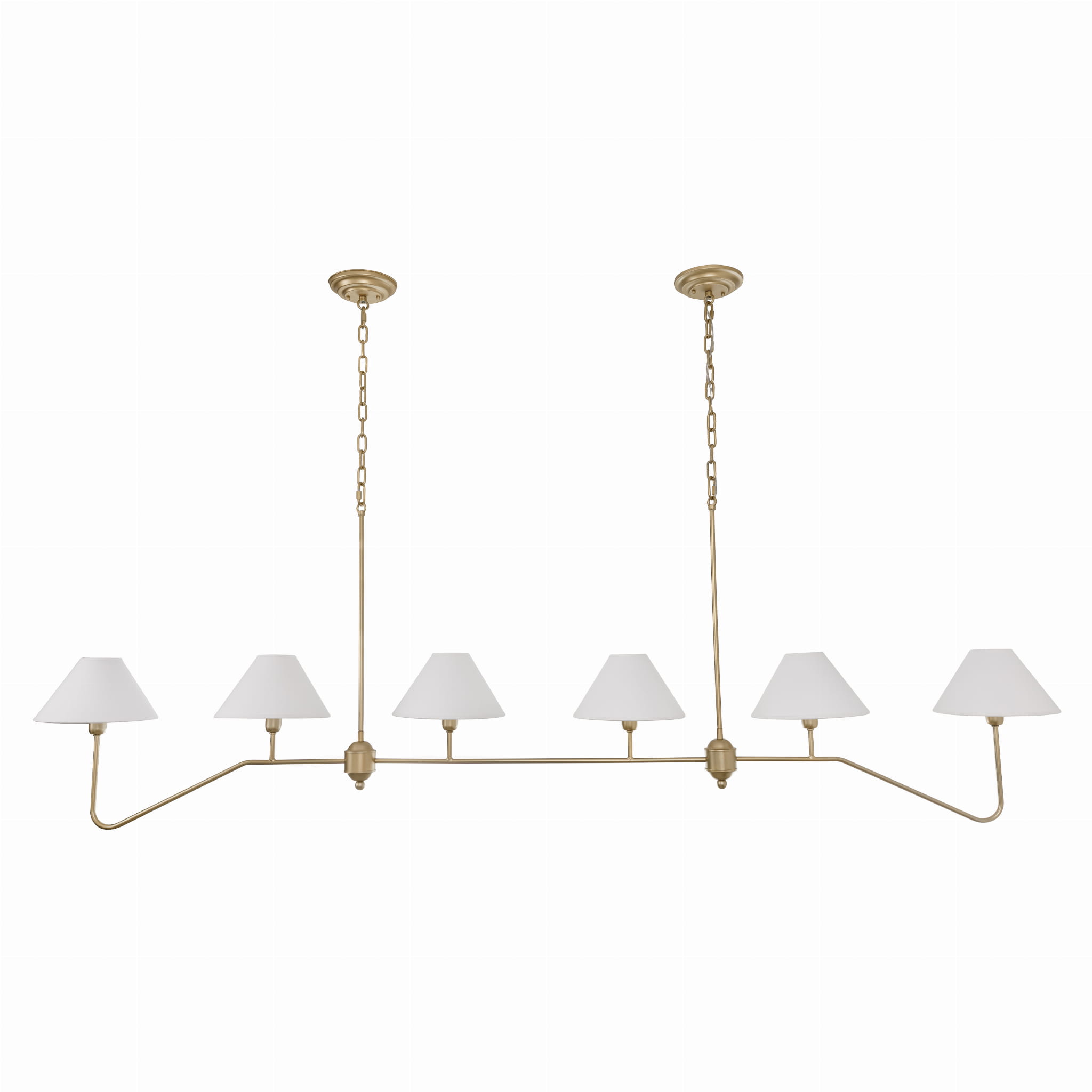 Lampa sufitowa wisząca Agello XL, złota, o wymiarach 100x180 cm, z sześcioma kloszami w kształcie stożków w kolorze białym. Produkt zawieszony na dwóch łańcuchach, widok frontalny. Metalowa konstrukcja, prosta forma bez ozdób. Tło białe.
