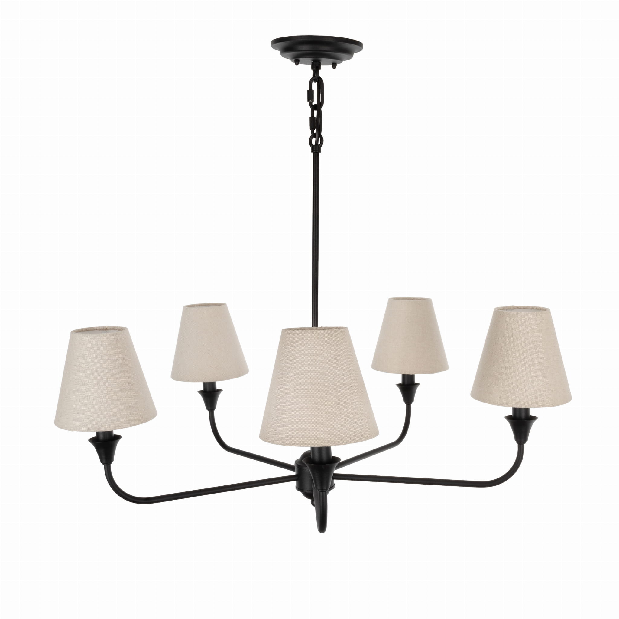 Elegancki żyrandol Cheel w czarnym kolorze z pięcioma abażurami w odcieniu jasnego beżu. Produkt zawieszony, z metalową konstrukcją i prostymi liniami. Abażury mają kształt stożkowy, co nadaje mu minimalistyczny charakter.
