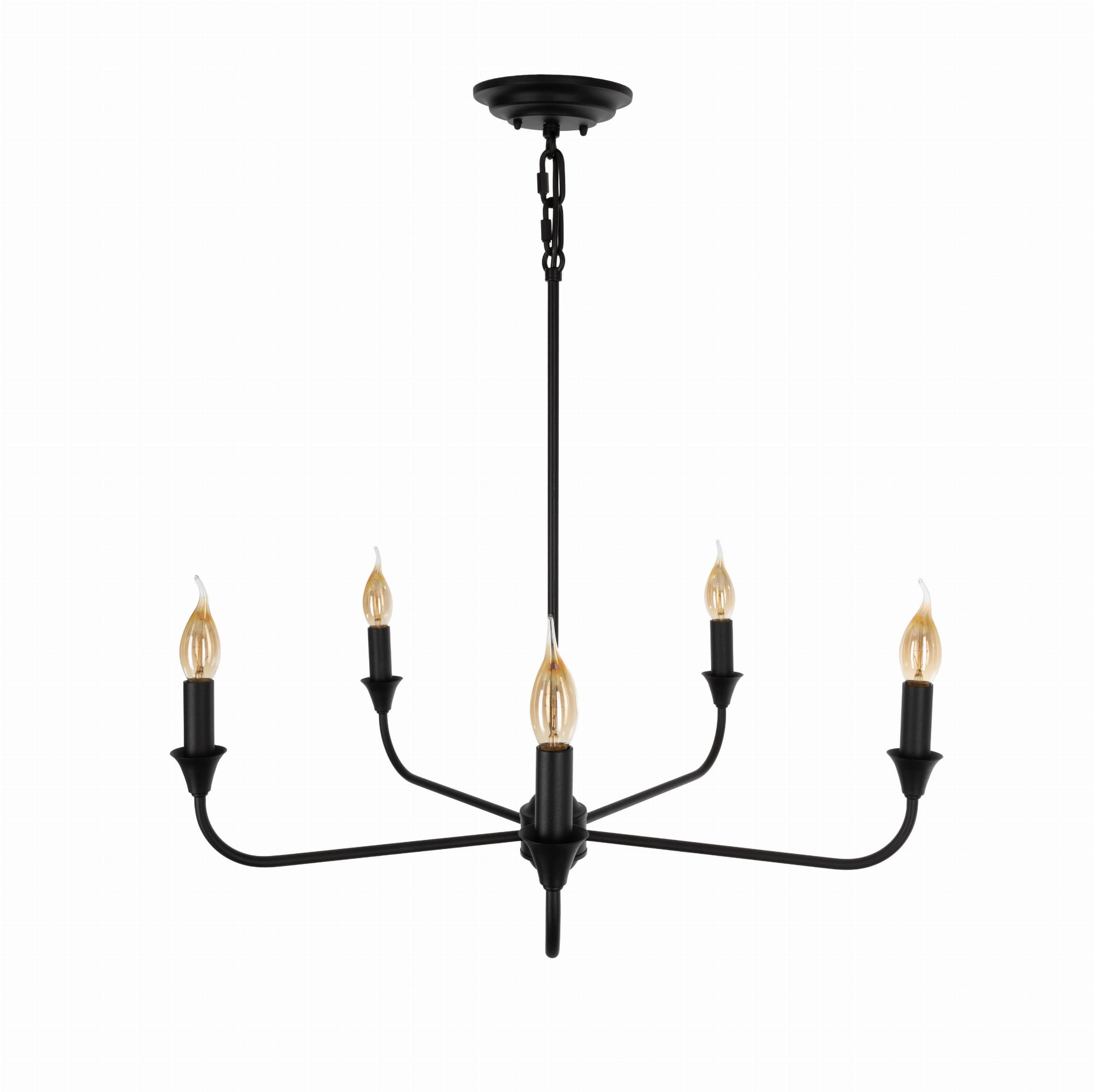 Elegancki żyrandol Cheel w kolorze czarnym, średnica 65 cm, z pięcioma ramionami w formie długich linii. Produkt wiszący, wykonany z metalu, z przezroczystymi bańkami, nadającymi subtelne oświetlenie. Ujęcie frontalne na jednolitym tle.