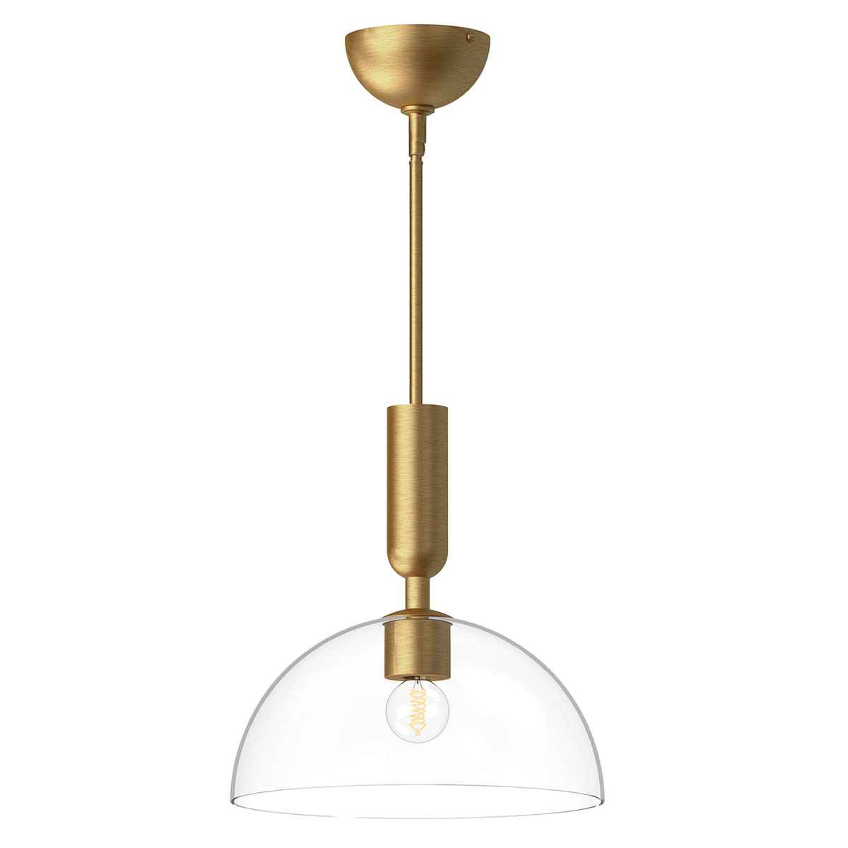 Stylowa lampa wisząca Jude w kolorze złotym z przezroczystym kloszem. Ujęcie frontalne, lampa zawieszona na długim, metalowym wsporniku. Widoczna kulista żarówka. Tło białe, podkreślające elegancki design lampy.