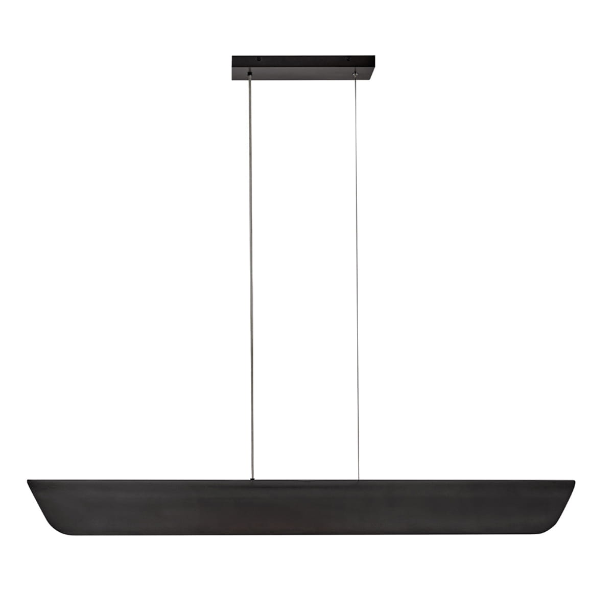 Nowoczesna lampa Arco w kolorze oksydowanej czerni, w formie prostokątnego panelu zawieszonego na dwóch metalowych linkach, zamontowana do sufitu. Produkt widoczny z przodu, na białym tle, bez dodatkowych elementów.
