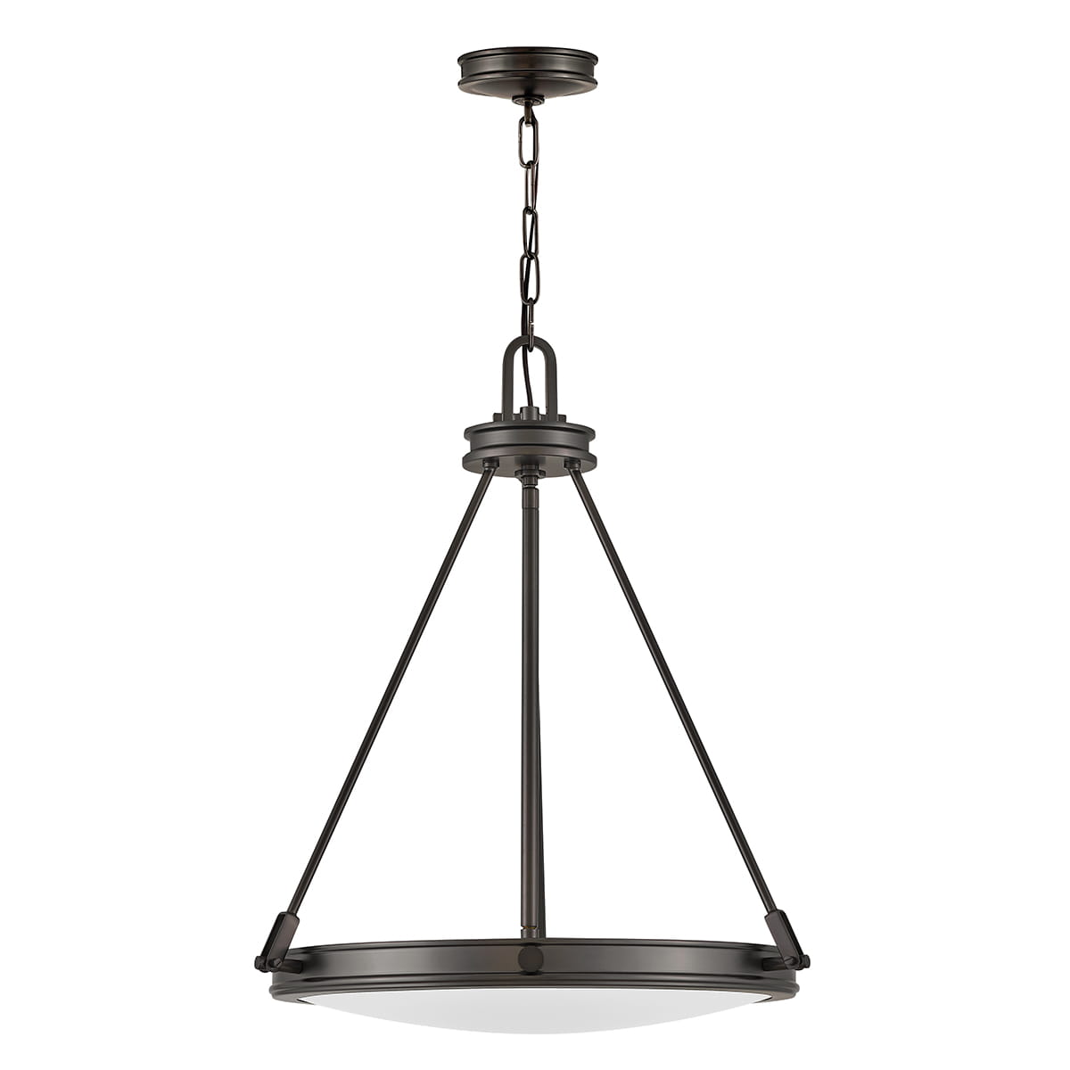 Nowoczesna lampa wisząca Collier w kolorze zgaszonej czerni, o okrągłym kloszu i metalowej konstrukcji. Produkt wiszący, zawieszony na łańcuszku. Tło białe, co podkreśla jego elegancki wygląd i minimalistyczny styl.