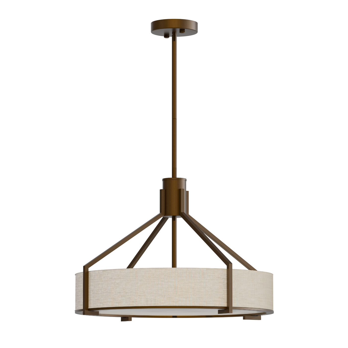 Lampa Doretto Chocco 50 cm, wisząca, z metalowym stelażem w kolorze brązowym, z okrągłym kloszem z jasnego materiału tekstylnego. Ujęcie frontalne, produkt wisi na prostym mocowaniu sufitowym, z eleganckim wykończeniem.