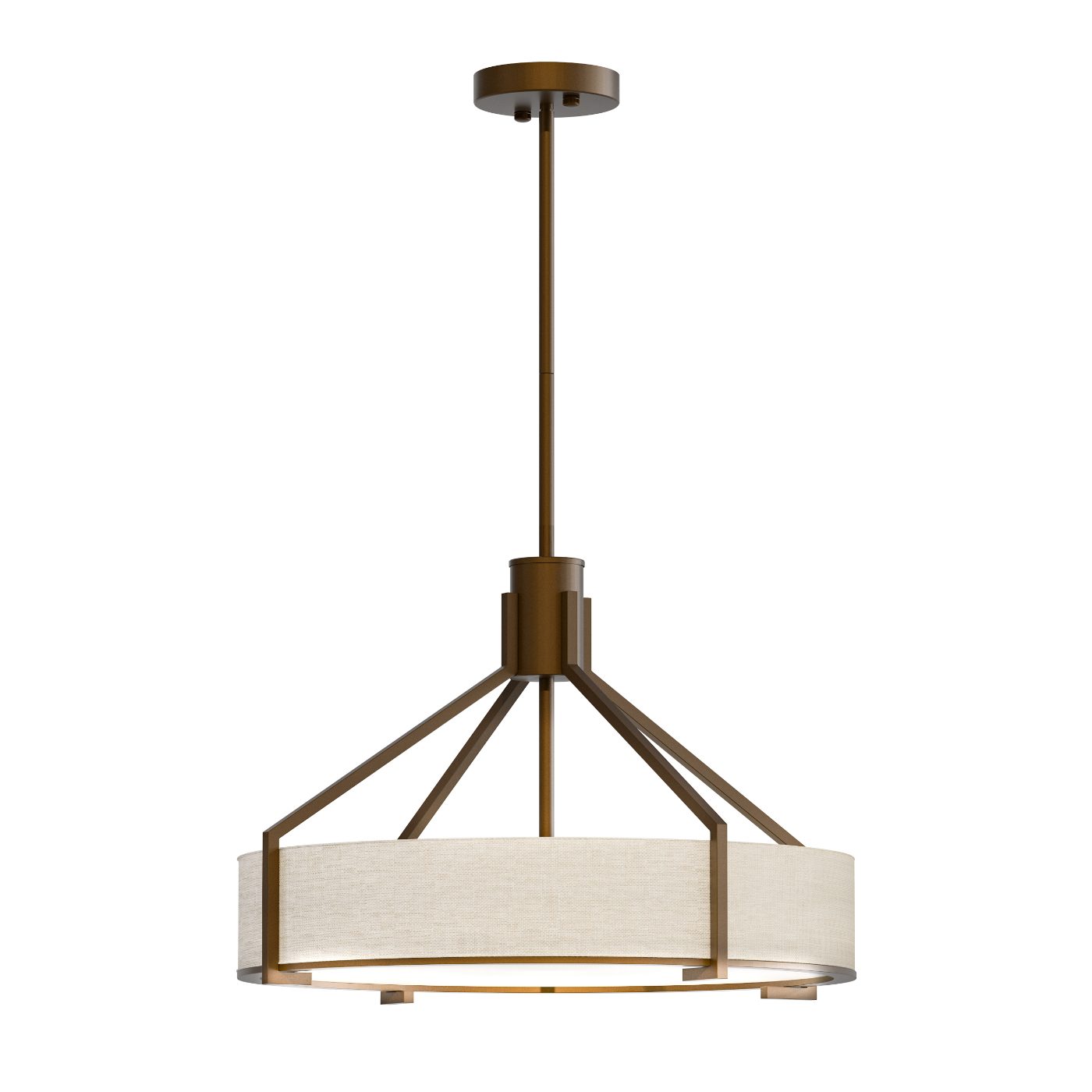 Lampa Doretto Chocco 50 cm w kolorze brązowym z metalową konstrukcją i materiałowym abażurem w odcieniu jasnego beżu. Ujęcie frontalne, produkt wiszący dzięki długiemu zawieszeniu. Proste tło, co podkreśla elegancki design lampy.