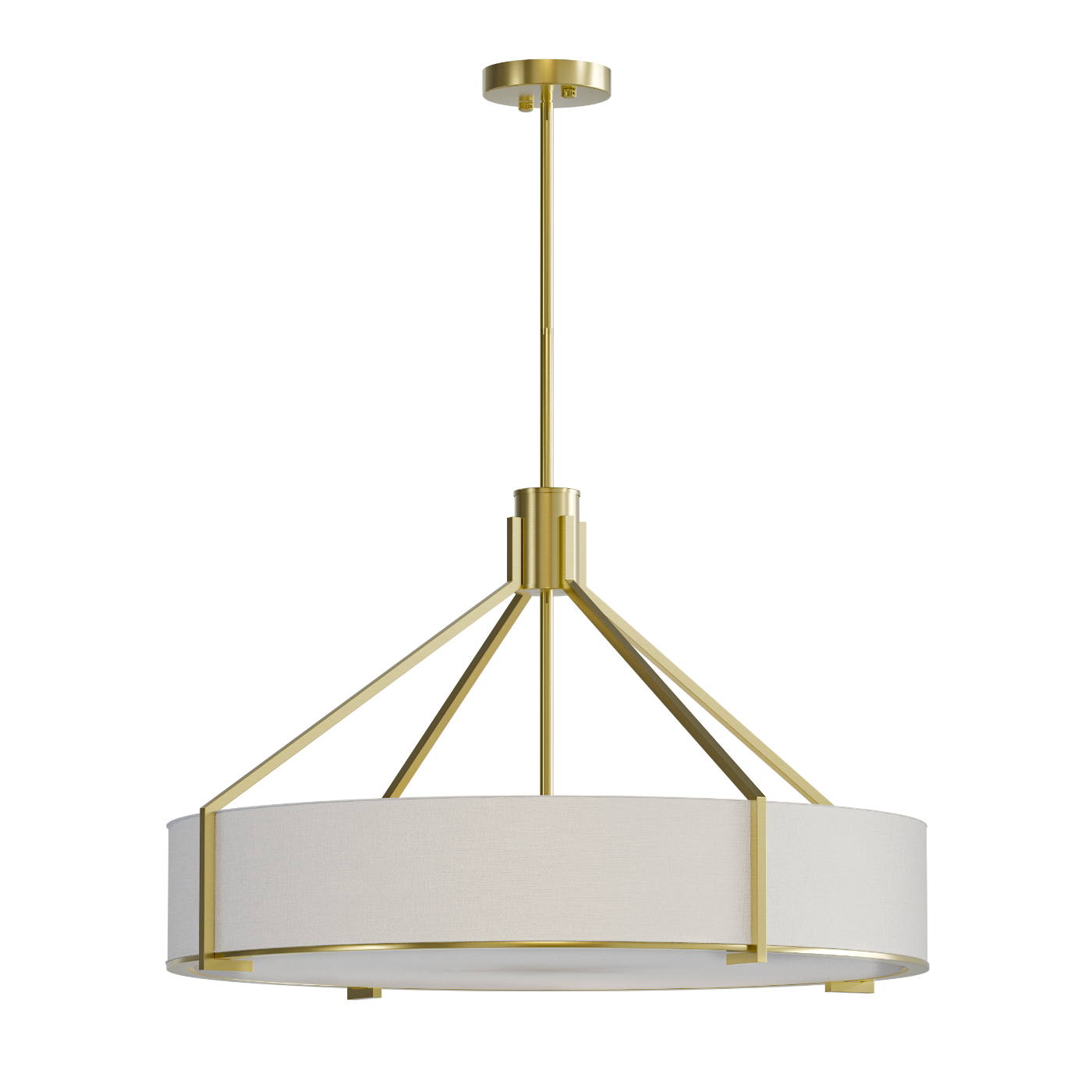 Lampa wisząca Doretto Old Gold o średnicy 70 cm, wykonana z metalowego stelażu w kolorze starego złota oraz białego abażuru w kształcie walca. Zawieszona na długim, prostym przewodzie. Produkt umieszczony na białym tle.